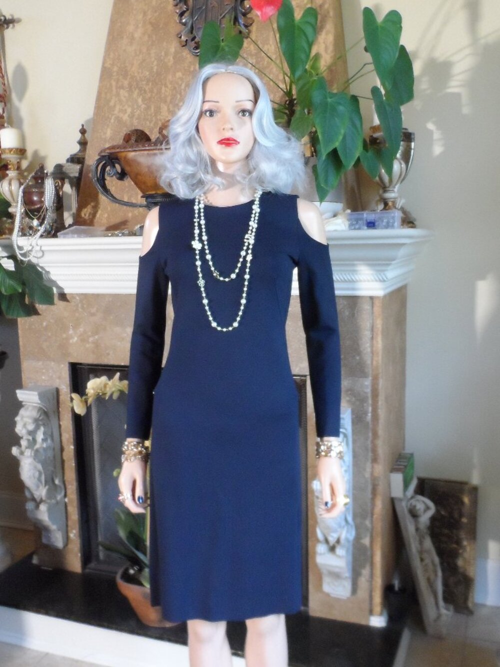Akris Punto Navy Blue Cold Shoulder Sheath Dress Size US 4